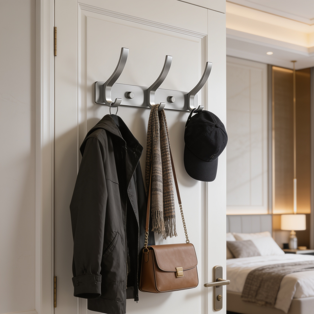 Coat rail loaded with a jacket a tan handbag and a cap above a made bed