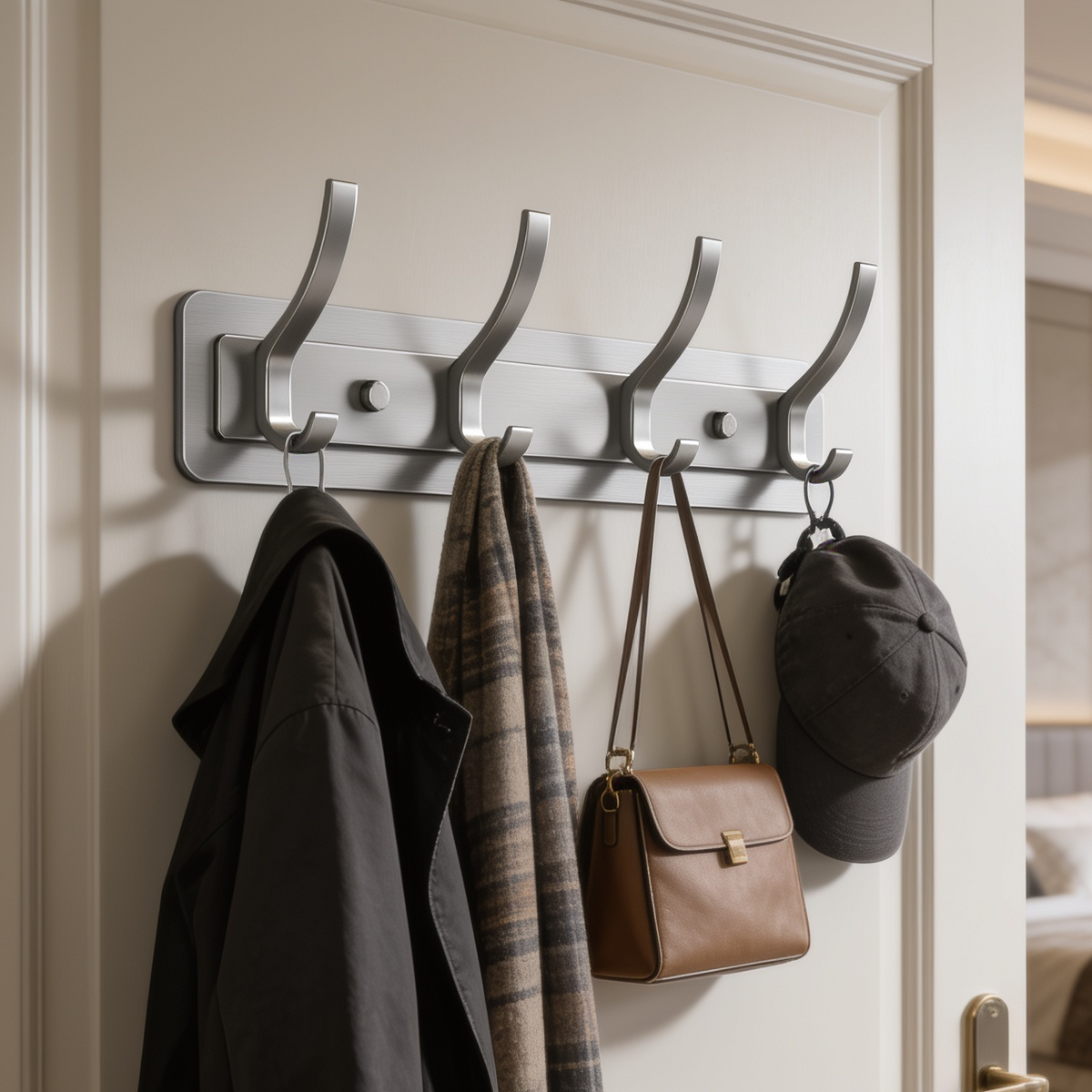 Close view of the five hook aluminum rail with a coat bag and cap hanging