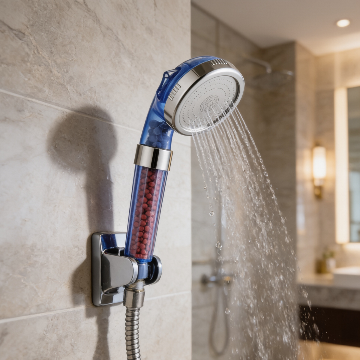 Blue and chrome shower head with its bead filter barrel spraying water