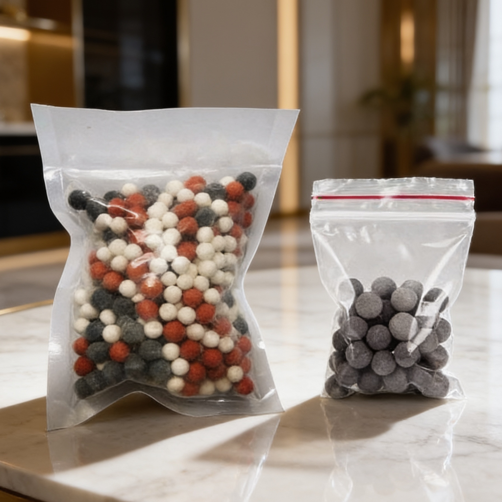 Two bags of spare beads standing upright one mixed color and one gray