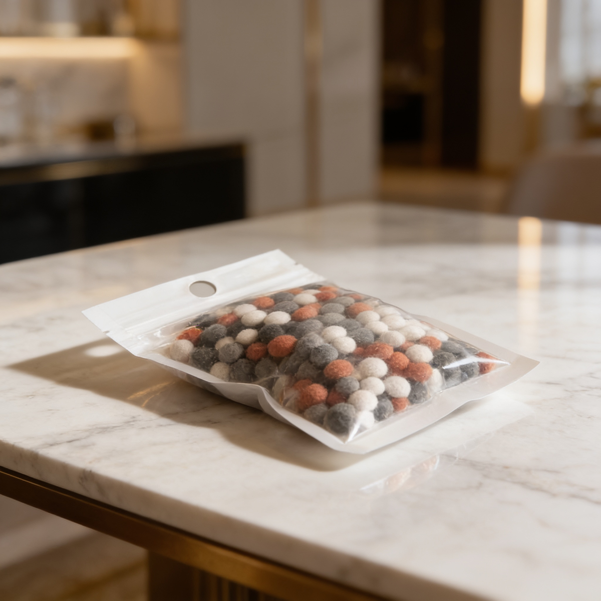 Flat sealed pouch of replacement filter beads resting on a marble counter