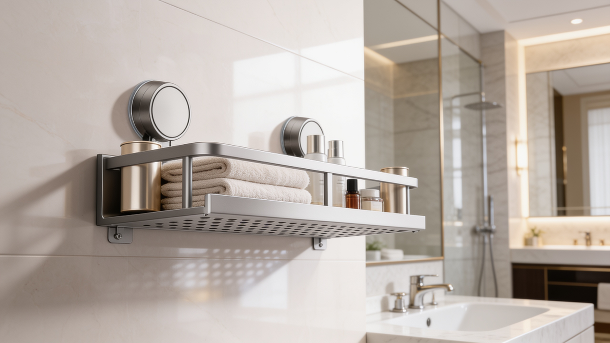 Bathroom shelf seen from below showing the slotted draining base