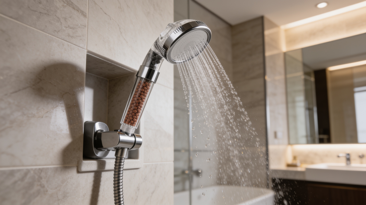 Chrome shower head with mineral beads visible in the handle