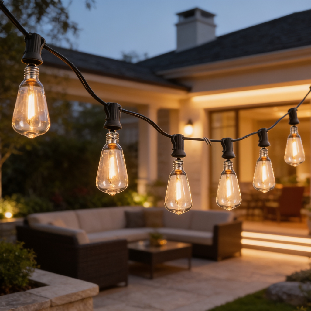 Edison style string lights glowing over a patio sofa set outside a house at dusk