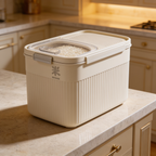 Airtight rice bin standing on a countertop in a bright kitchen