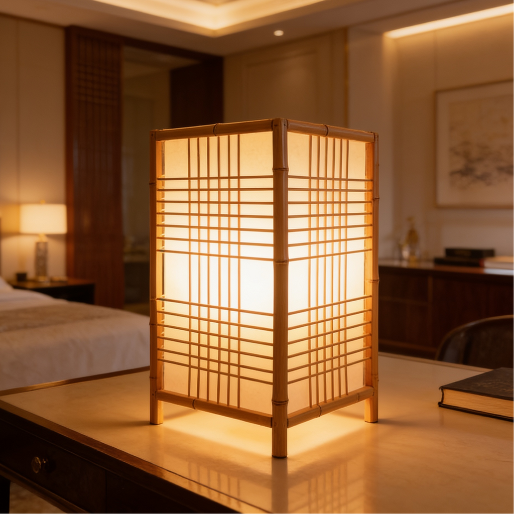 Boxy shoji style lamp lit on a wooden console with a bed in the background