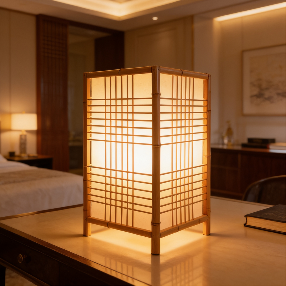 Boxy shoji style lamp lit on a wooden console with a bed in the background