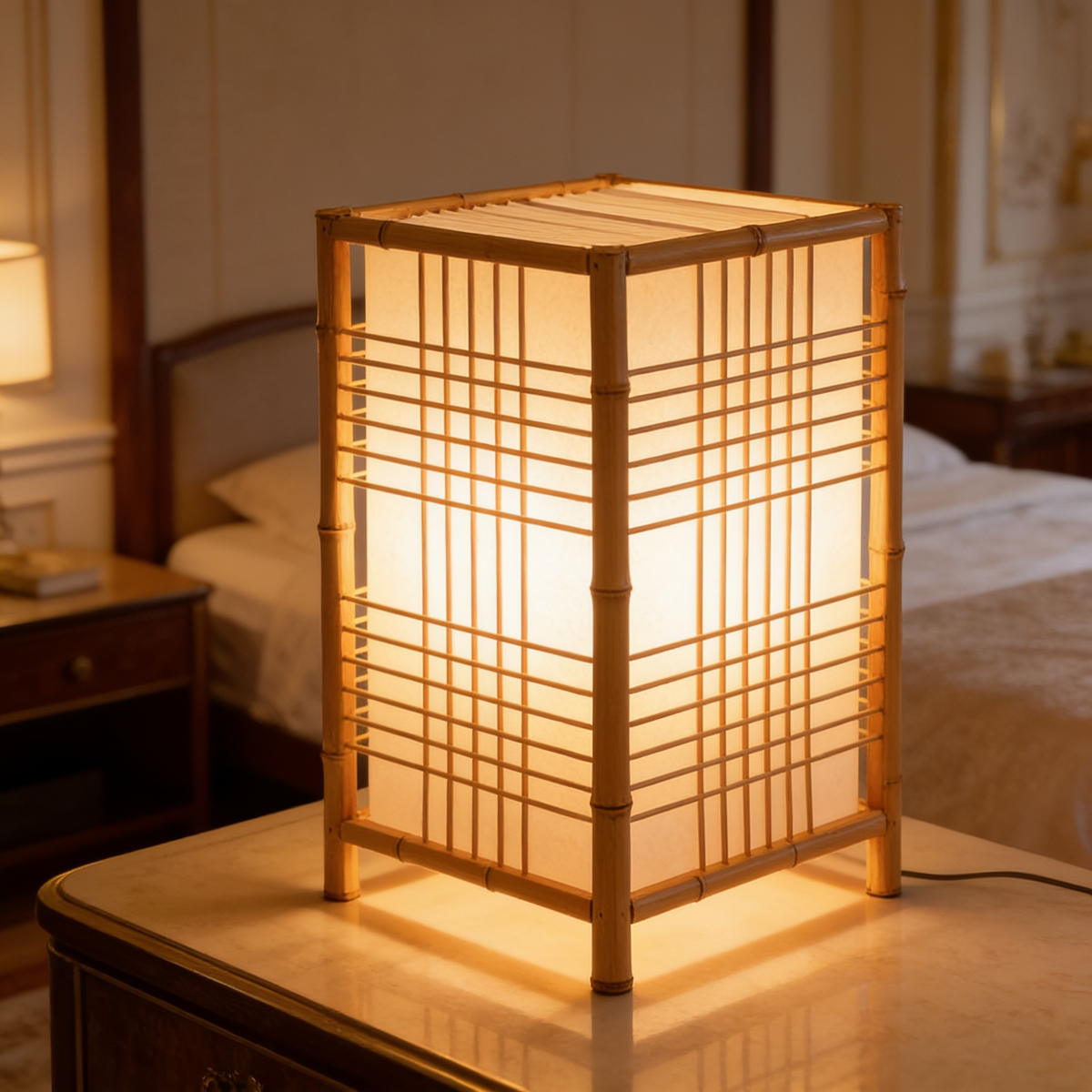 Square lattice bamboo table lamp glowing on a nightstand in a dim bedroom