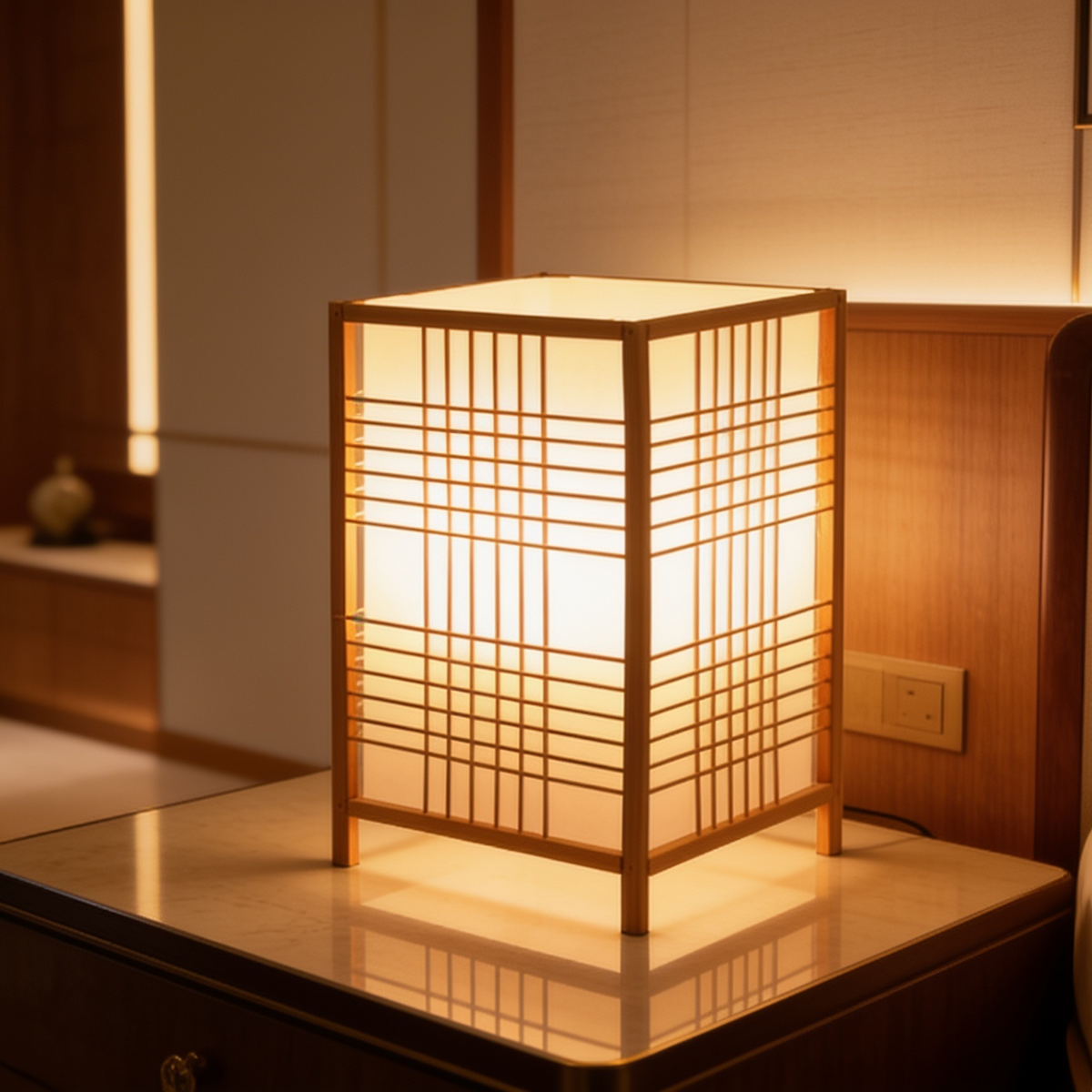 Close view of the lit bamboo lattice lamp casting a warm glow on a wood surface