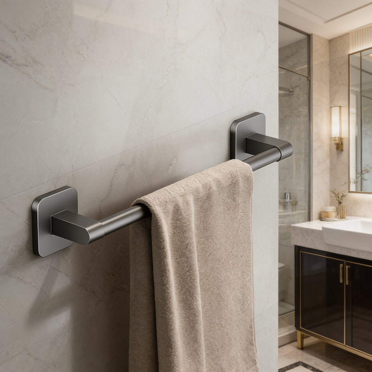 Black towel rail holding a white towel on a tiled wall beside a lit vanity