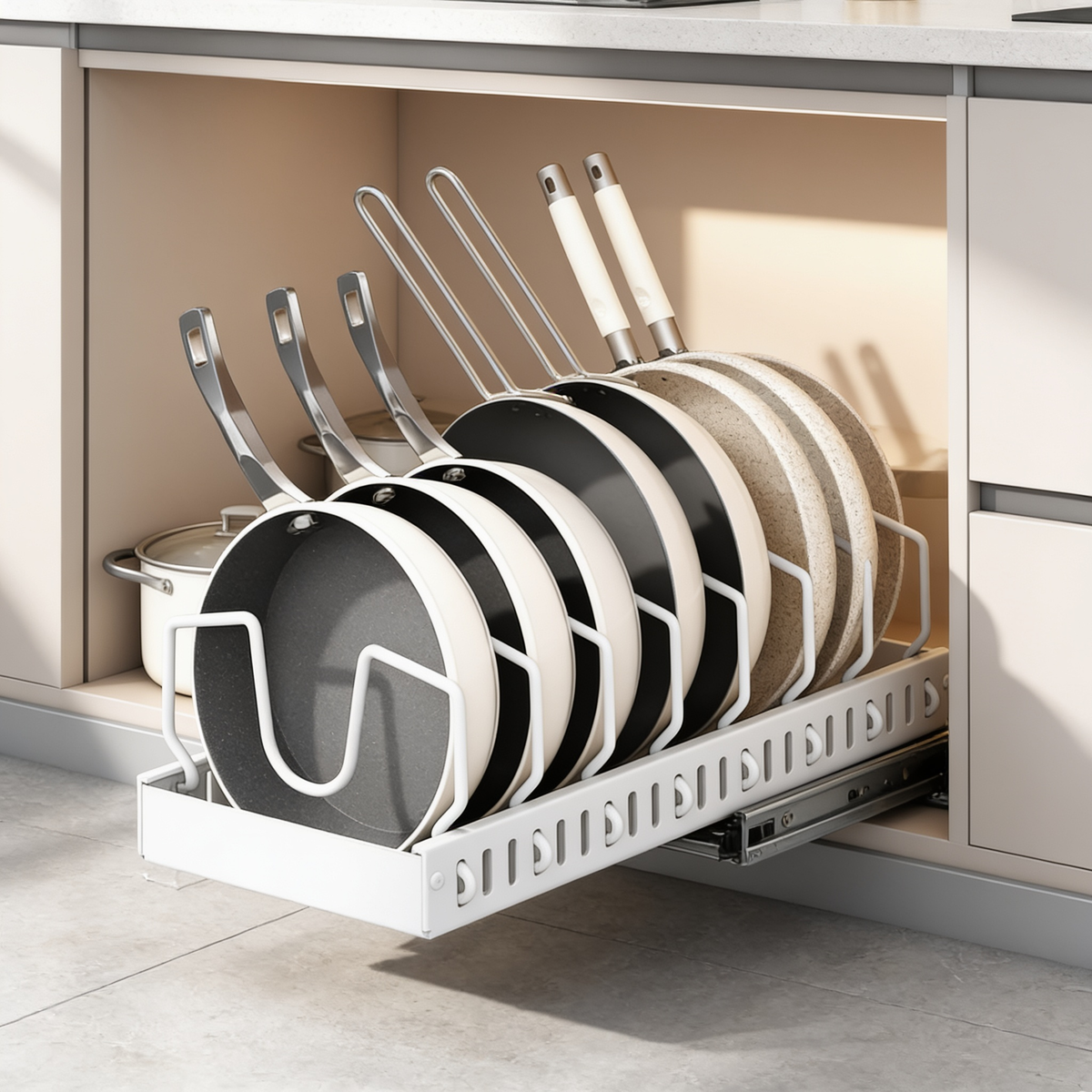 White pull out rack sliding from a cabinet with pans stored on edge