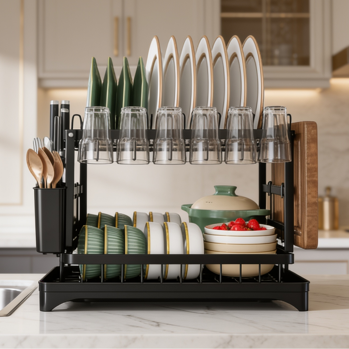 Front view of the black drying rack with plates on top and glasses hung below