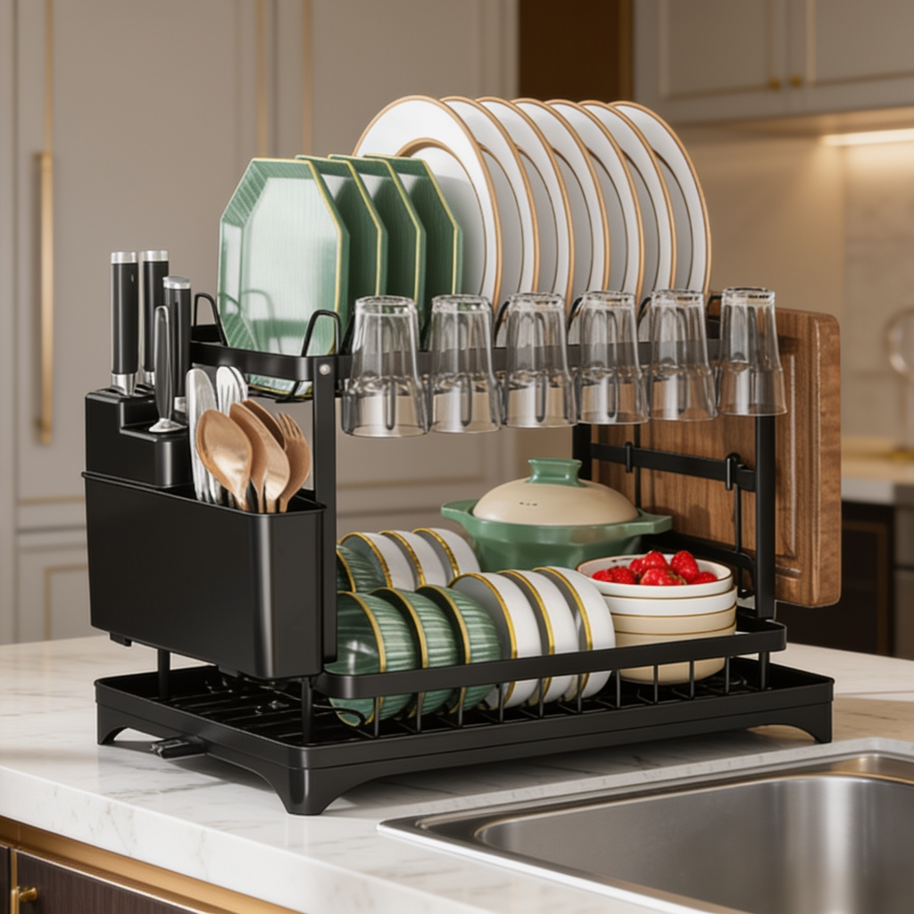 Black two tier dish rack full of plates glasses and bowls beside a kitchen sink