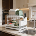 White two tier drying rack loaded with dishes next to a sink and tall faucet
