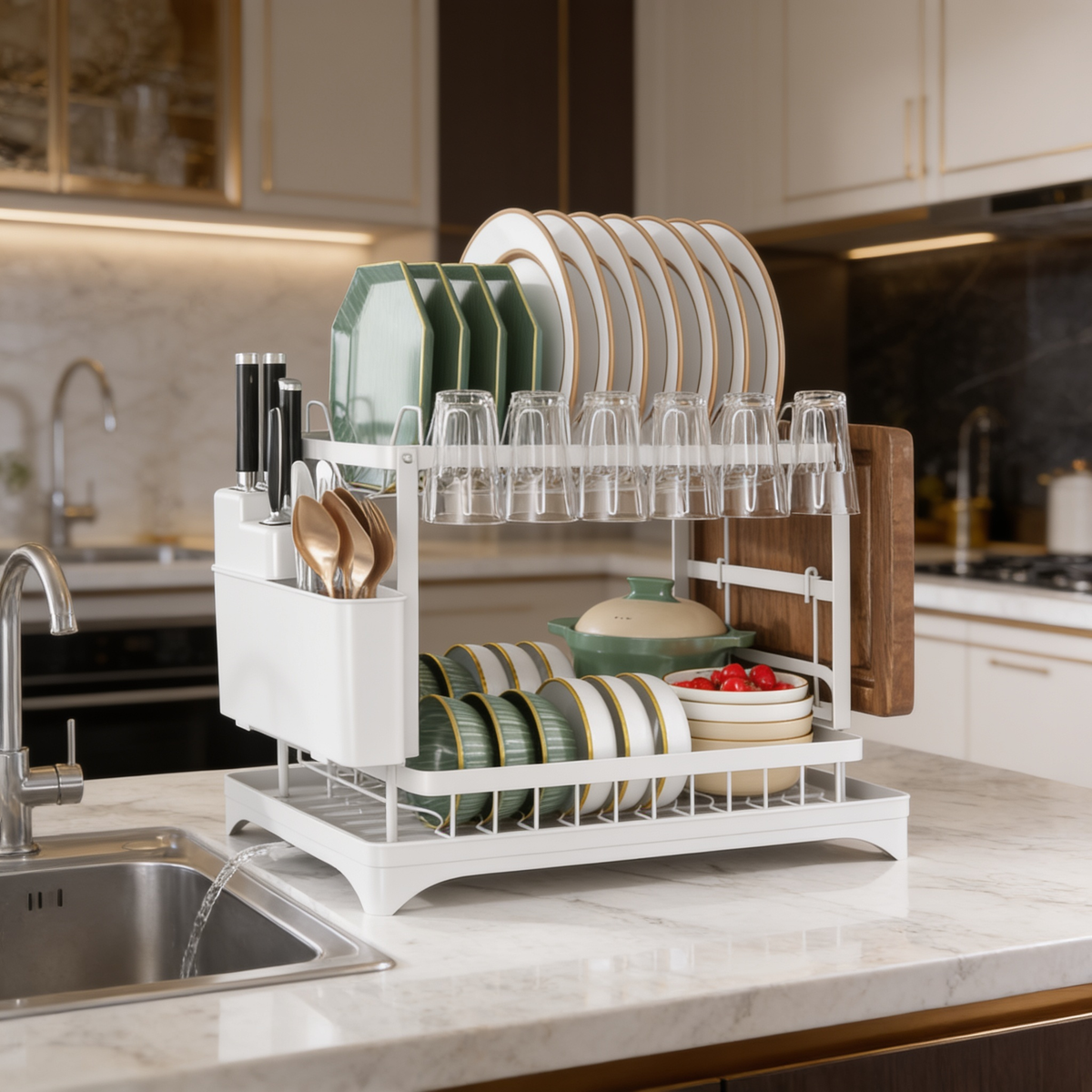 Side view of the white dish rack holding plates bowls and a silverware caddy