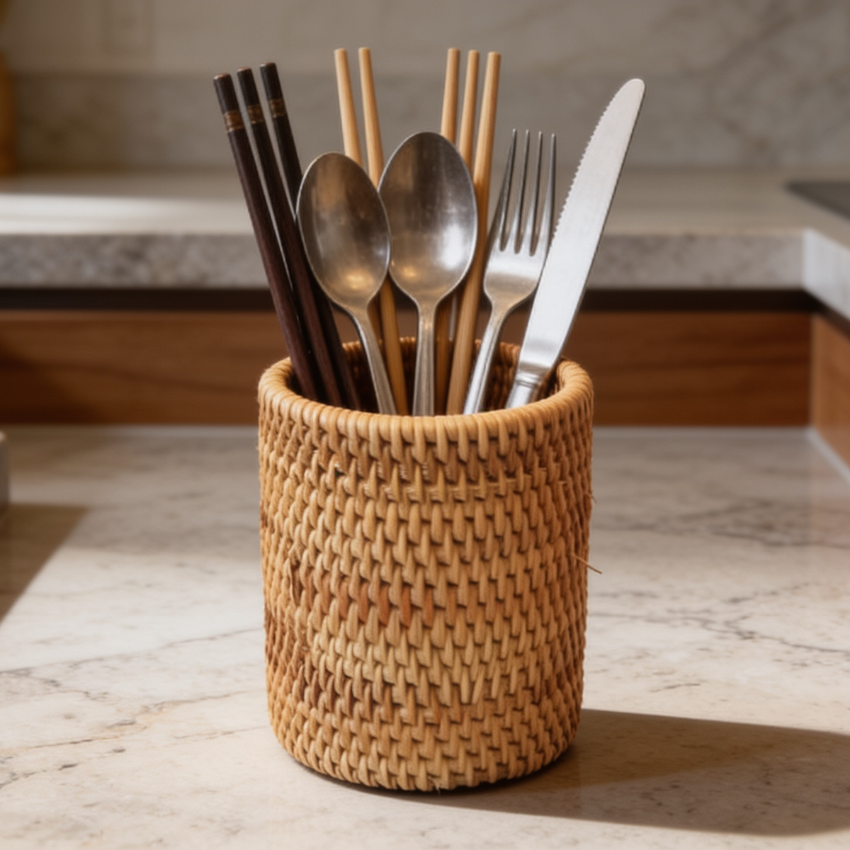 Low angle of the woven vine utensil holder filled with silverware on marble