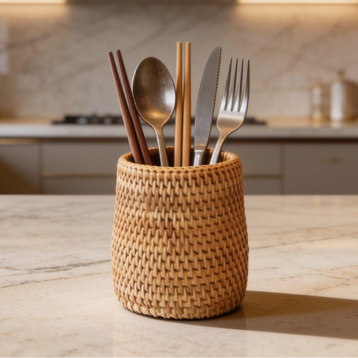 Rattan caddy with a spoon knife fork and chopsticks standing on a kitchen countertop