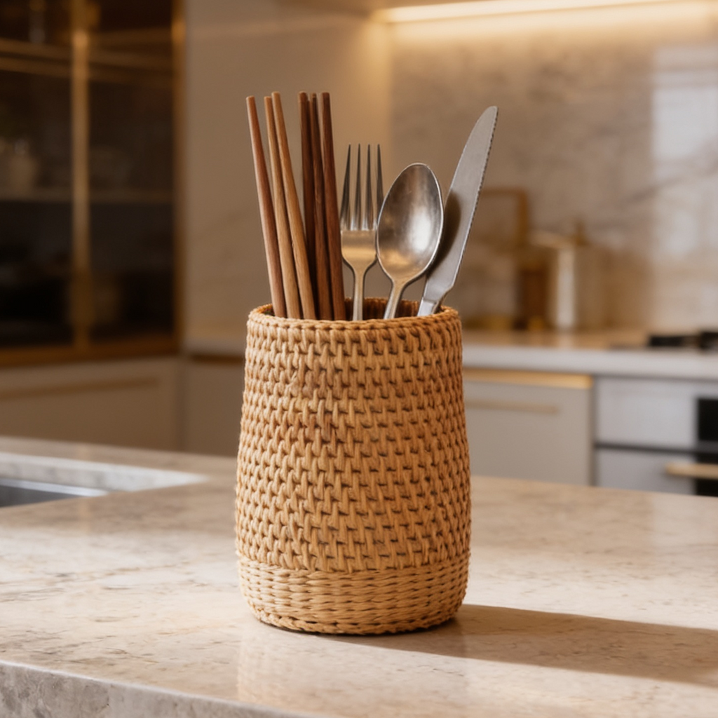 Woven rattan utensil caddy holding chopsticks and silverware on a marble counter