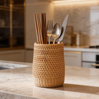 Woven rattan utensil caddy holding chopsticks and silverware on a marble counter