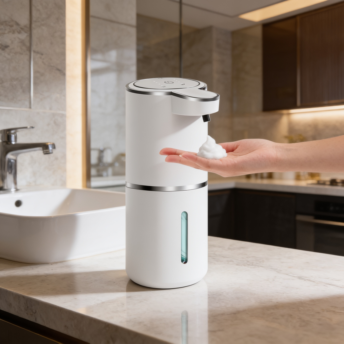 White foaming dispenser pumping soap into a cupped hand beside a bathroom sink