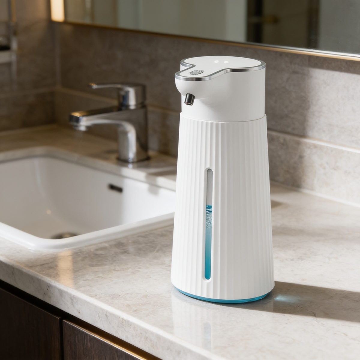 Ribbed white dispenser with blue soap seen from above next to a sink