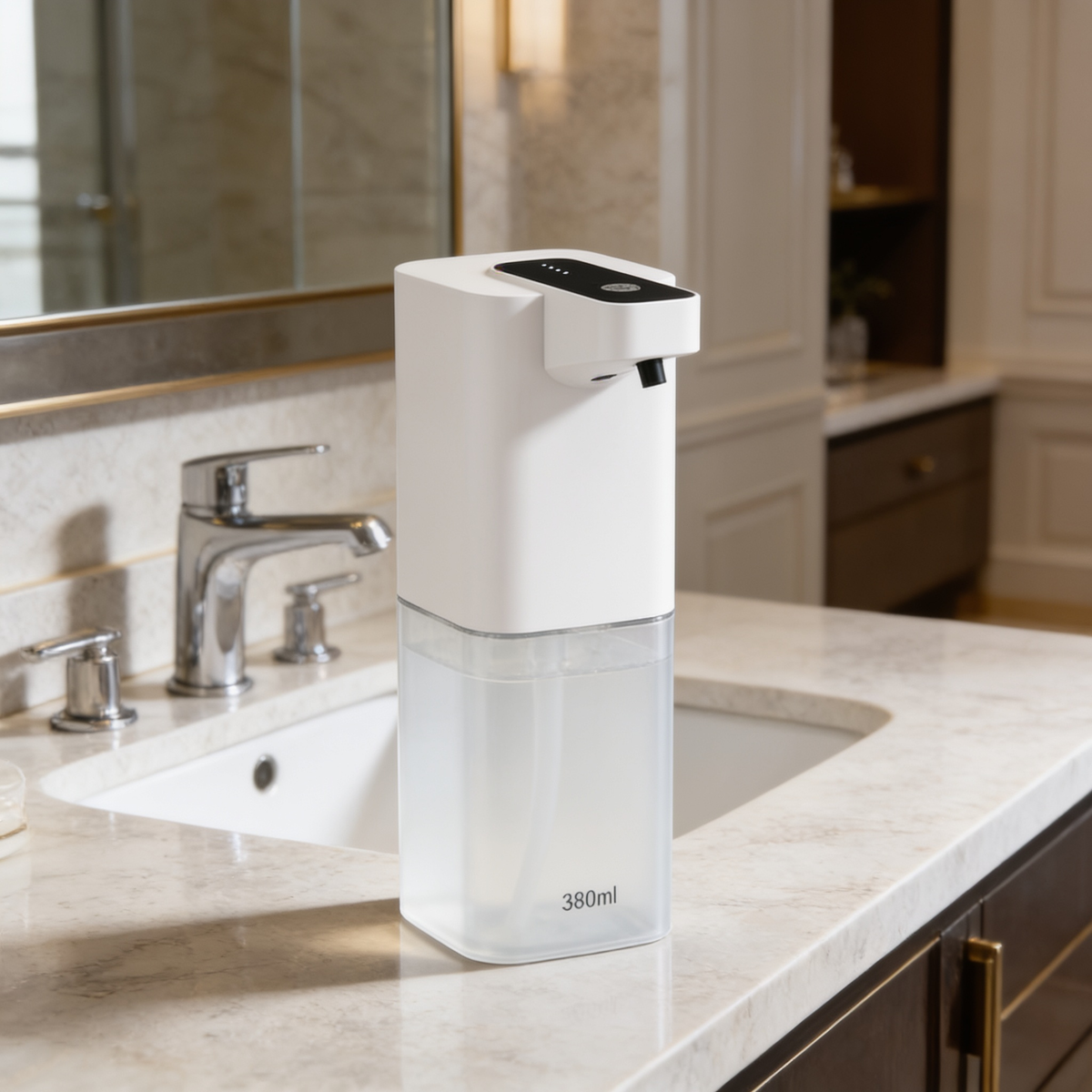White soap dispenser with a clear tank standing on a marble counter by the faucet