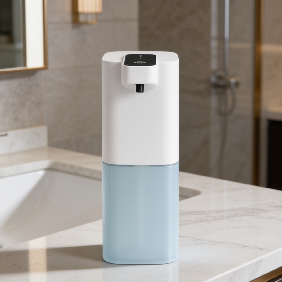 Soap dispenser holding pale blue liquid on a counter with a shower behind