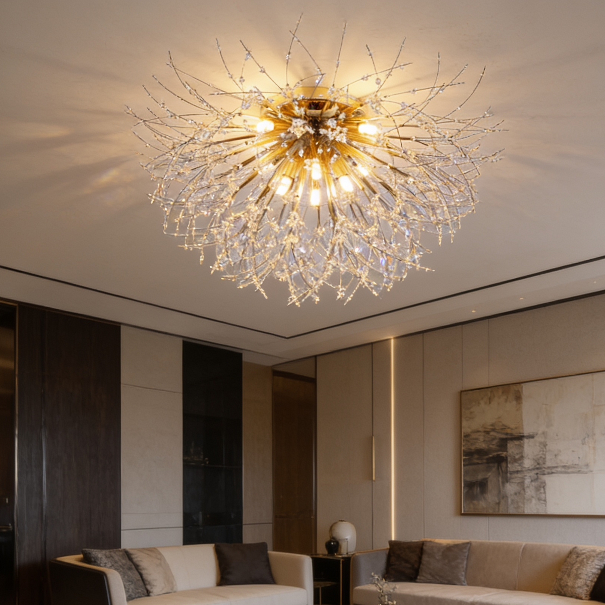 Gold crystal flush mount light casting a starburst pattern on a living room ceiling