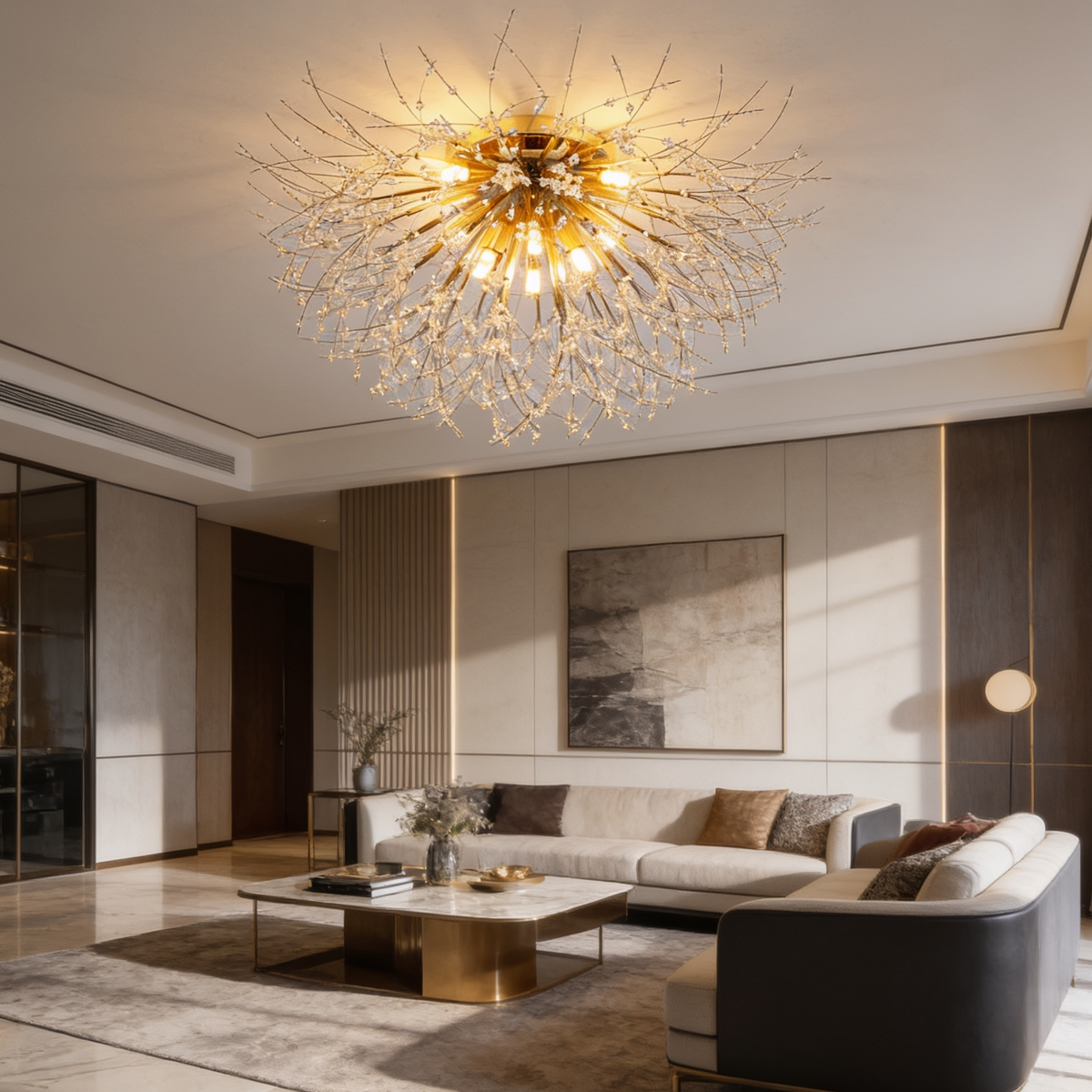 Gold beaded burst ceiling light lit over a sofa and low table in a living room