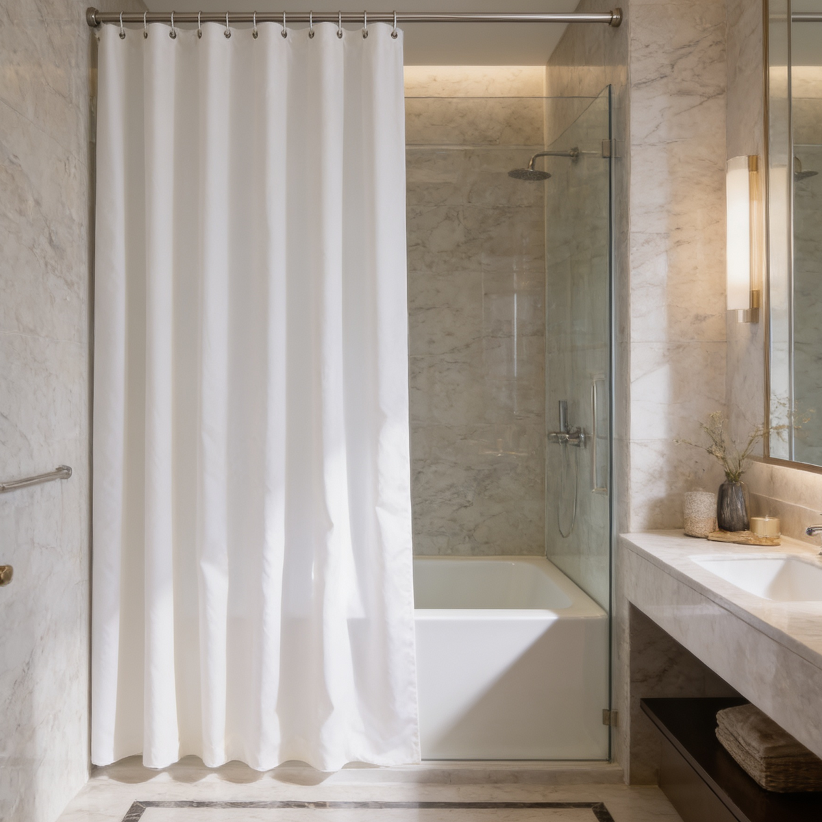Plain white bath curtain hanging next to a glass shower screen and marble vanity