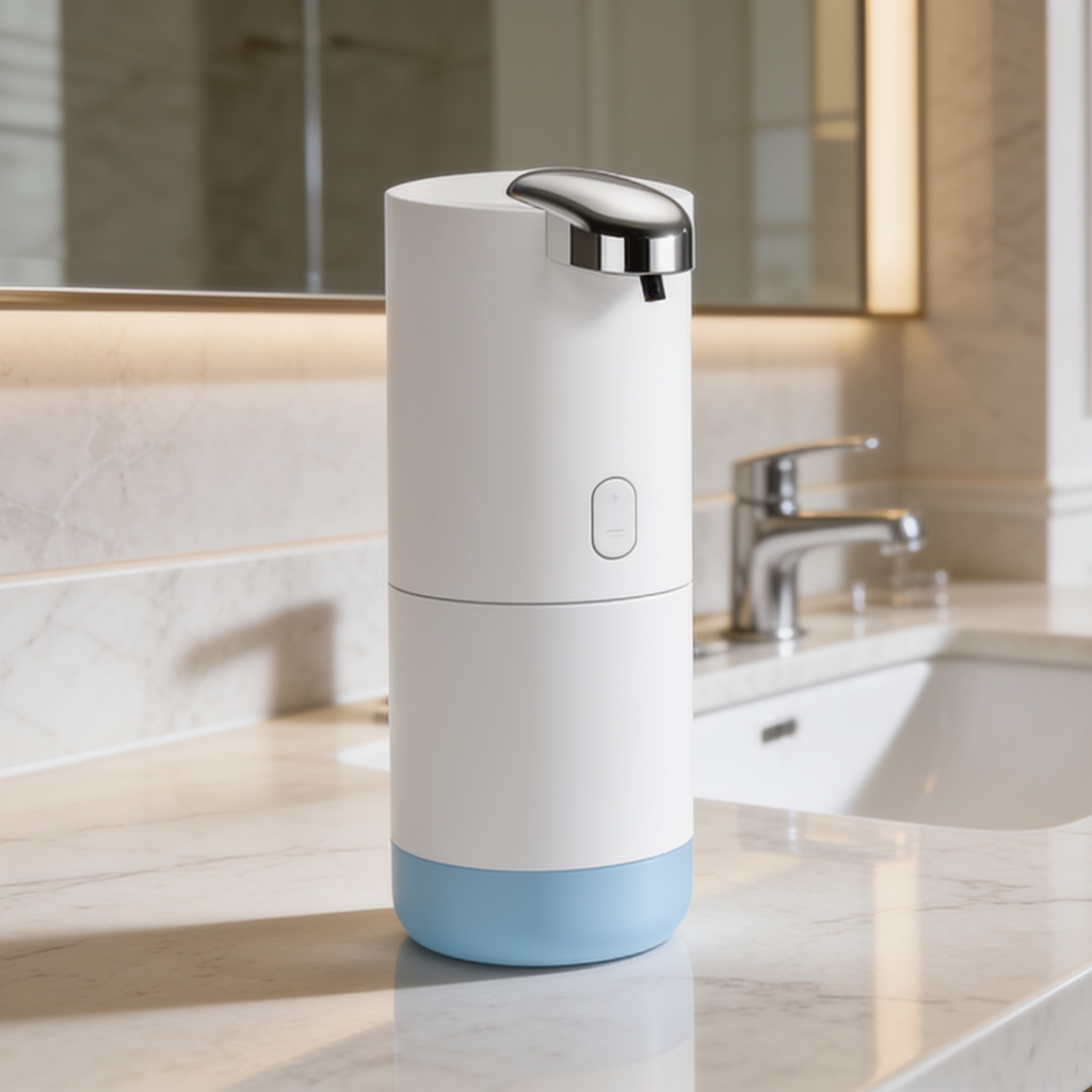 Dispenser with a blue tinted base beside a chrome faucet and white basin