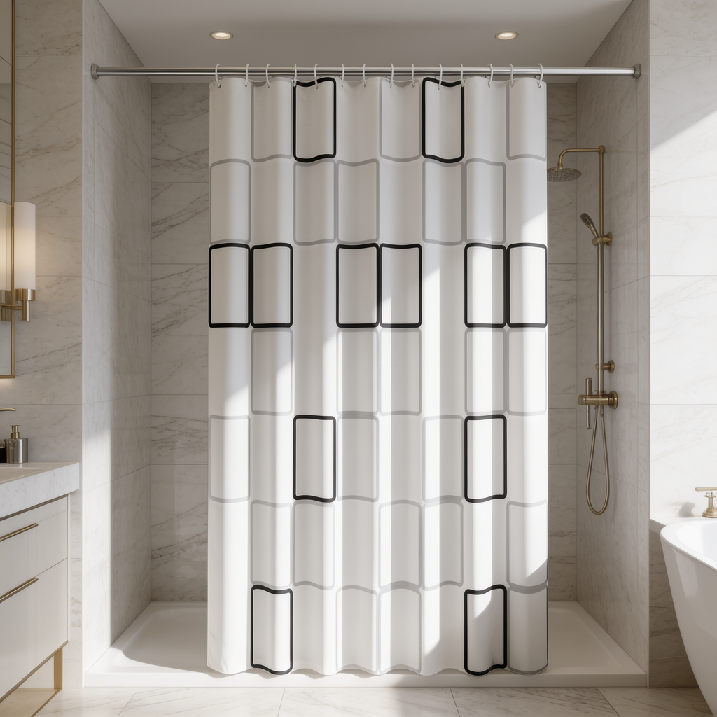 Black rectangle pattern bath curtain on a rod with brass fixtures and a tub behind
