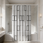 Black rectangle pattern bath curtain drawn across a corner tub beside a glass panel