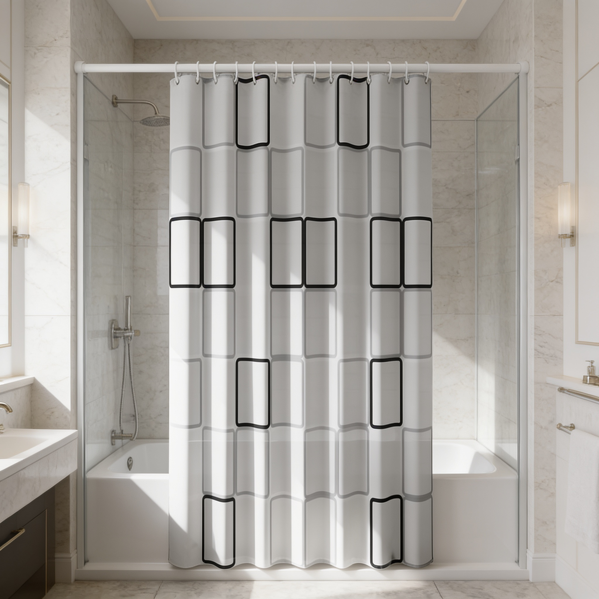 Black rectangle pattern bath curtain drawn across a corner tub beside a glass panel