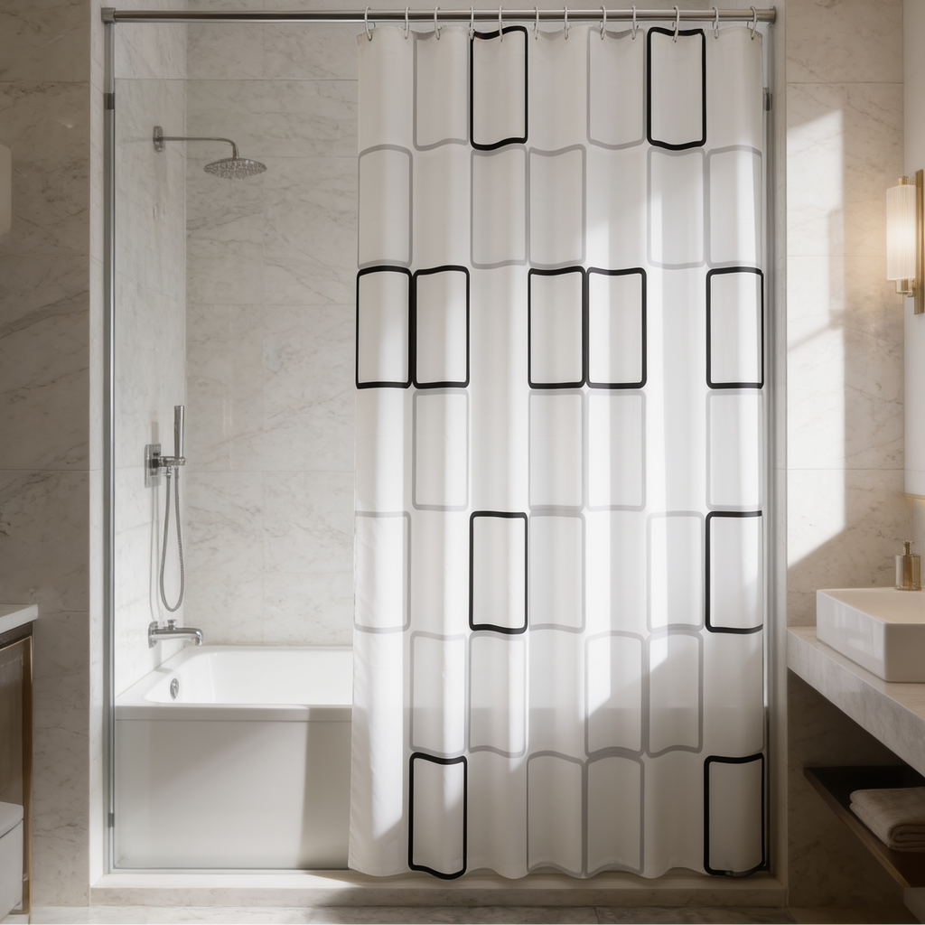 White bath curtain with a black rectangle pattern in a walk in shower with a sprayer