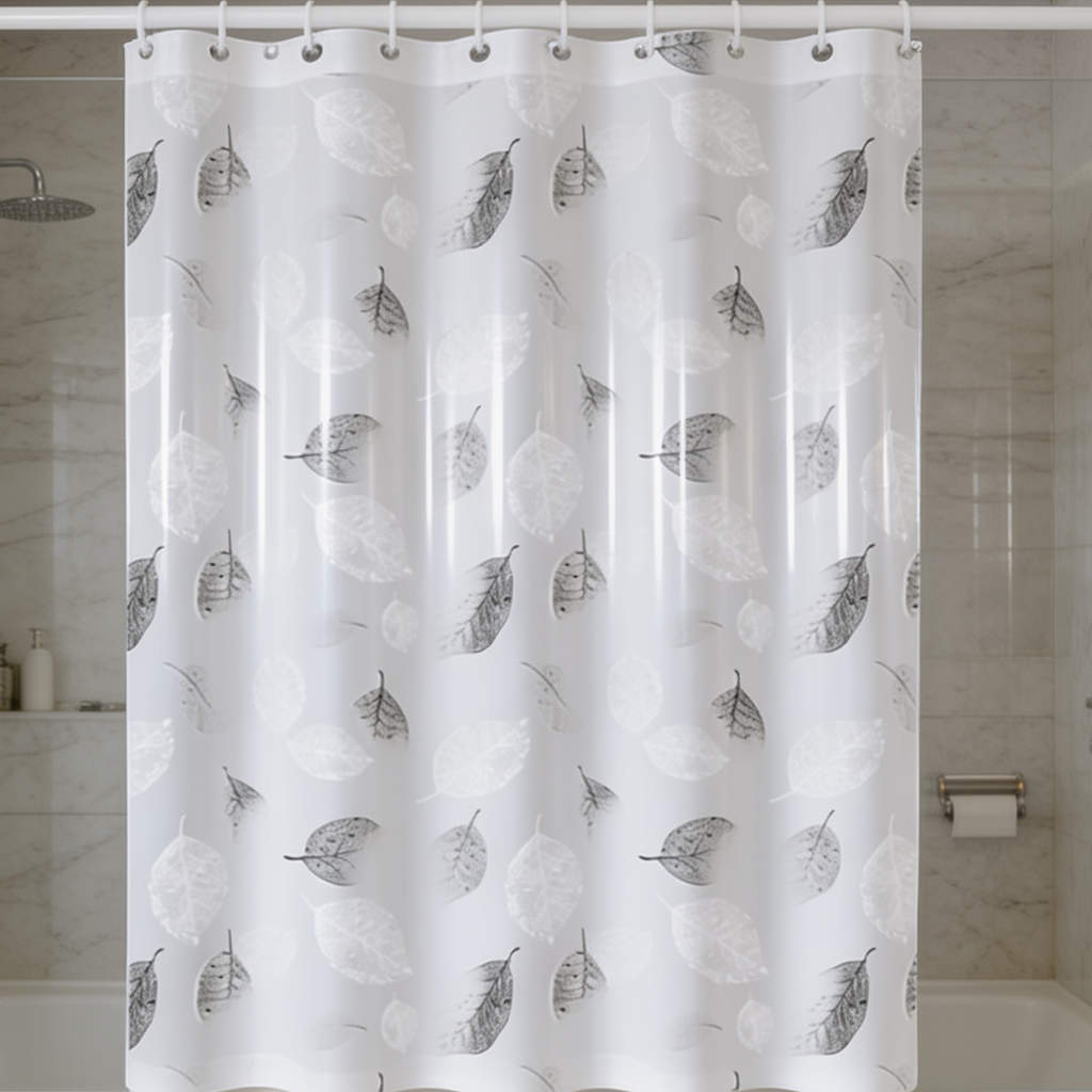 Leaf print bath curtain pulled closed across a shower alcove next to a toilet