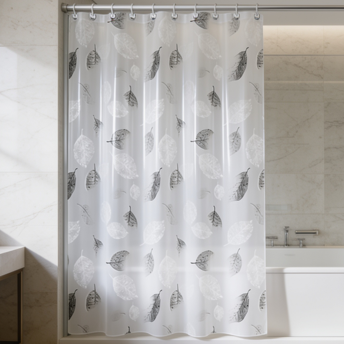 Leaf print bath curtain on a straight rod with a tub and vanity behind it