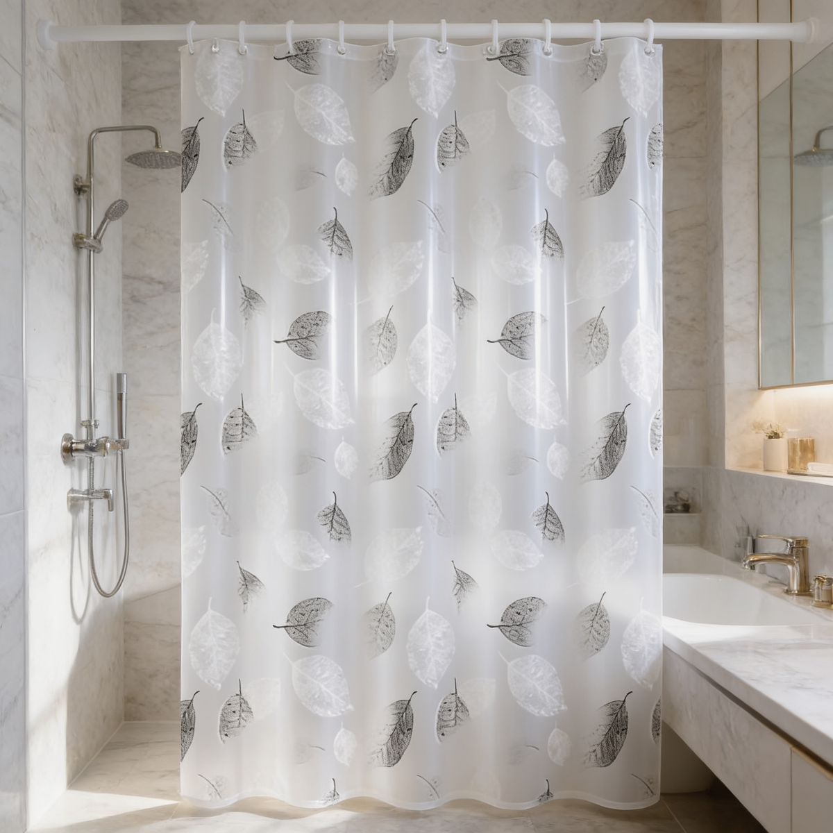 Semi transparent leaf print bath curtain hanging beside a walk in shower sprayer