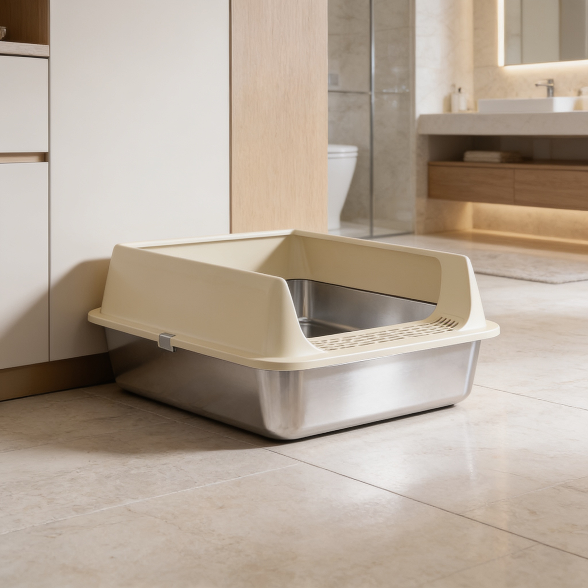 Stainless steel litter box with a tall beige rim standing on a bathroom floor