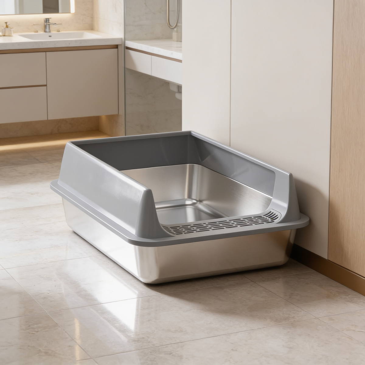 Silver litter box with a high sided back panel on a tiled floor beside cabinets