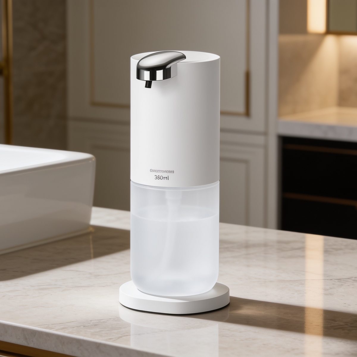 Dispenser with a see through soap tank set on its base beside a basin