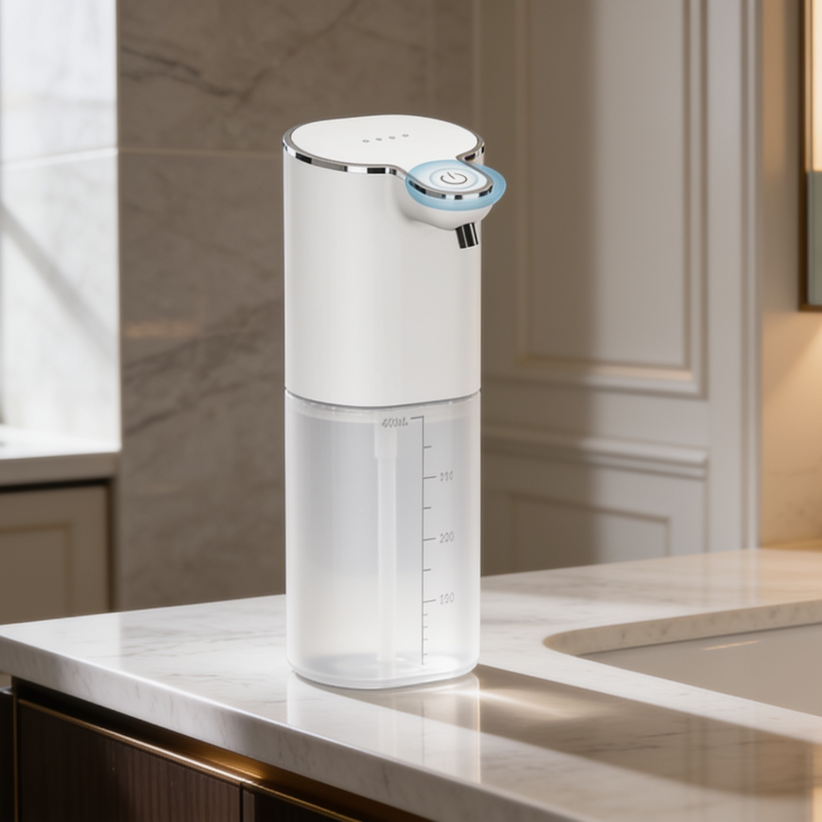 Close view of the dispenser translucent reservoir and sensor window