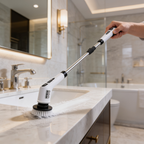 Spin scrubber fitted with its long extension pole cleaning the rim of a bathtub