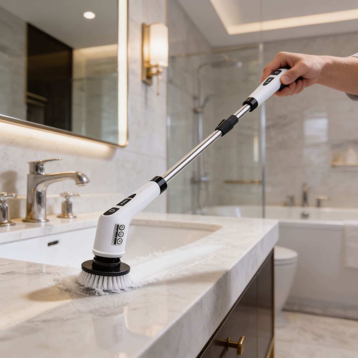 Spin scrubber fitted with its long extension pole cleaning the rim of a bathtub