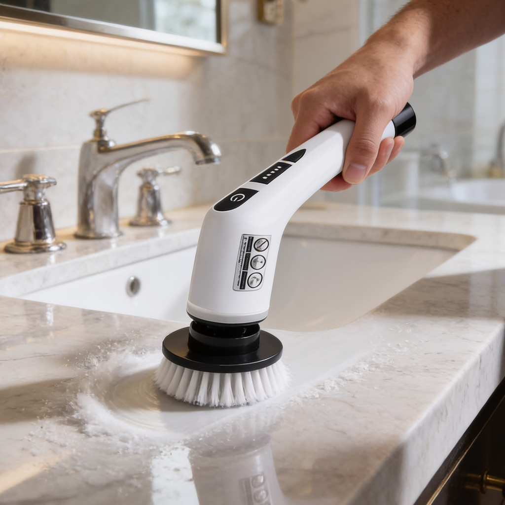 Hand guiding the cordless spin scrubber across a marble bathroom countertop