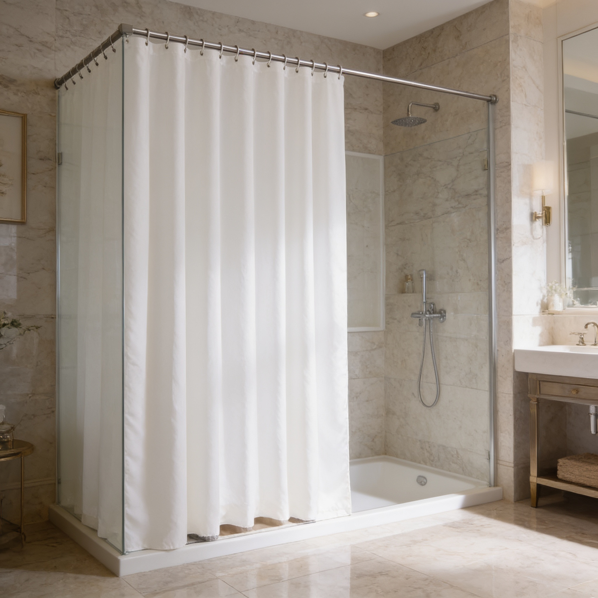 White bath curtain drawn along a walk in shower with a vanity in the background
