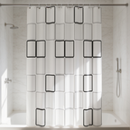 Black rectangle pattern bath curtain across a tiled shower with a recessed niche