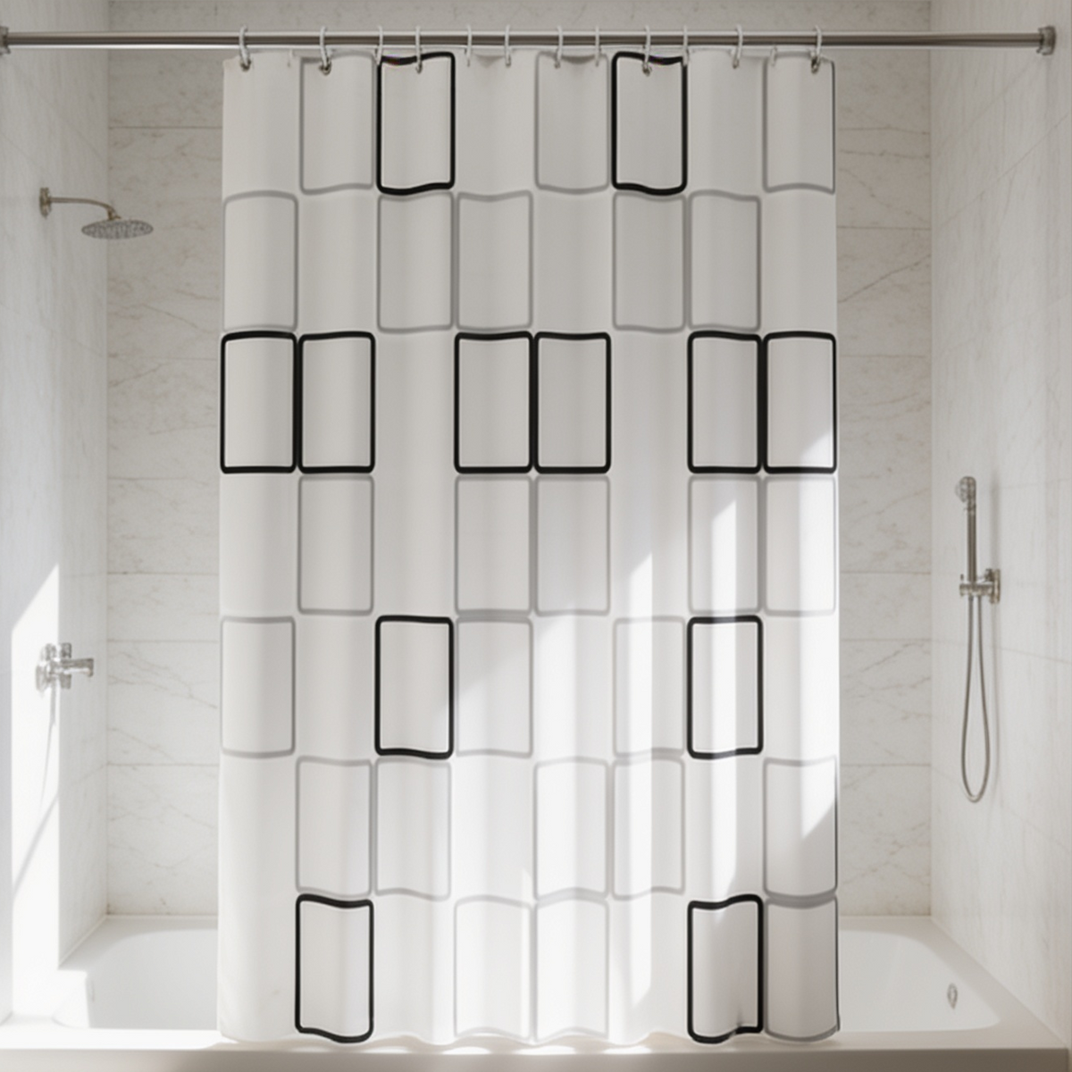 Black rectangle pattern bath curtain across a tiled shower with a recessed niche