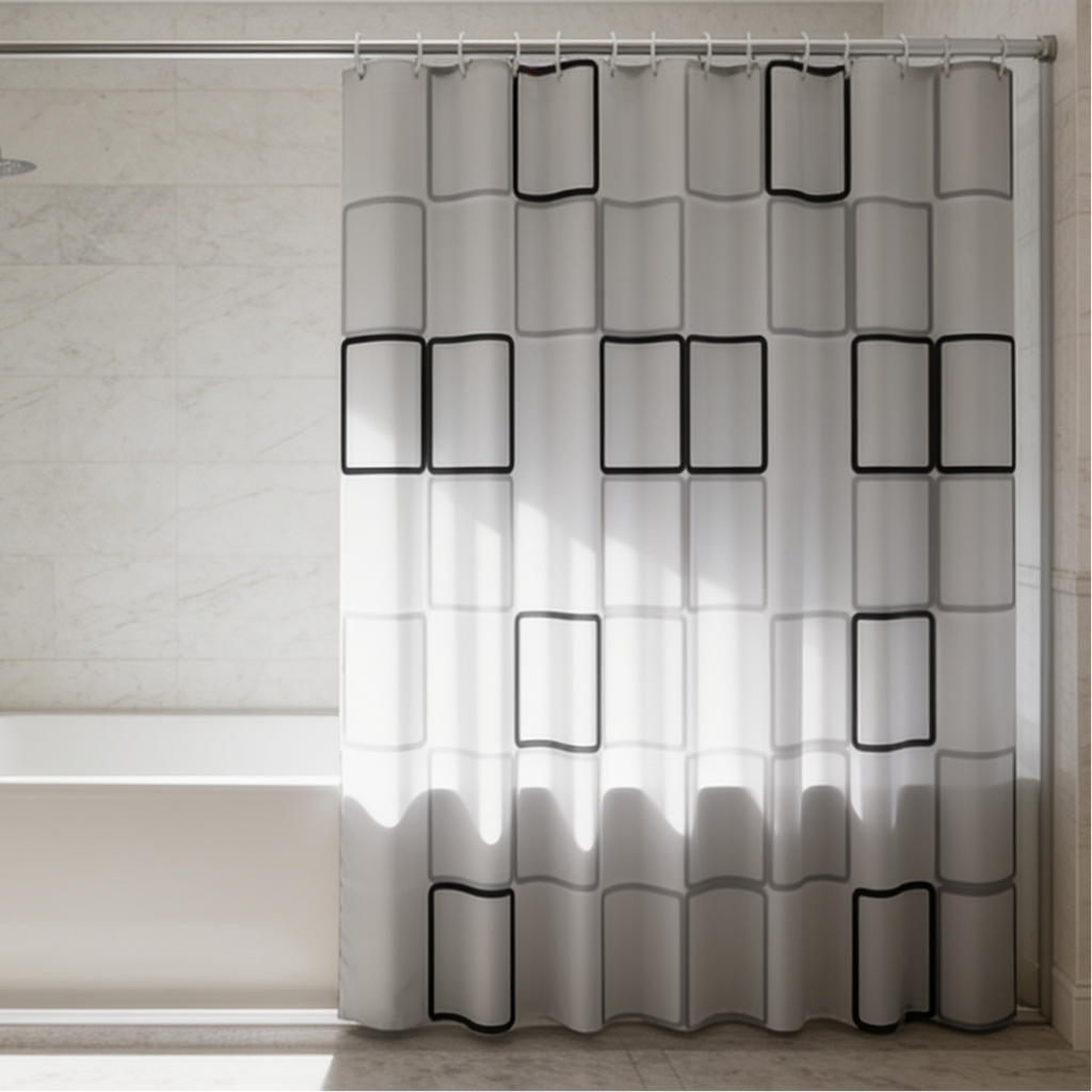 Close view of the black rectangle pattern bath curtain hanging above a white tub