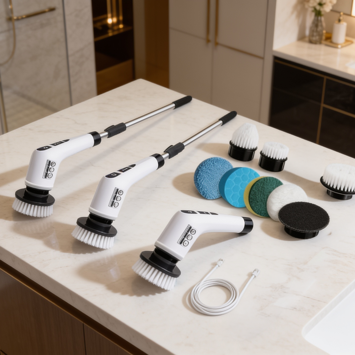 Three scrubber handles laid out with a set of brush heads on a kitchen island